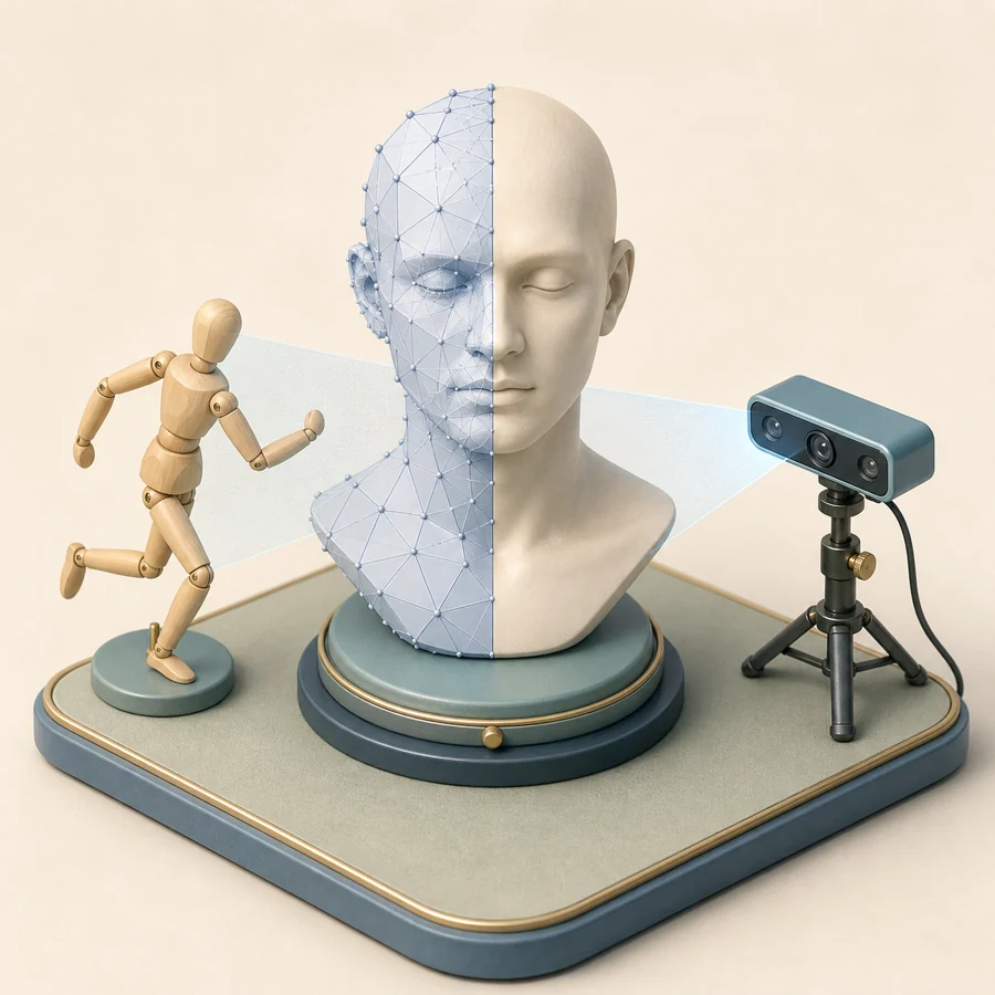 A tactile 3D scanning scene with a half-mesh head bust, articulated human figure, and depth camera.