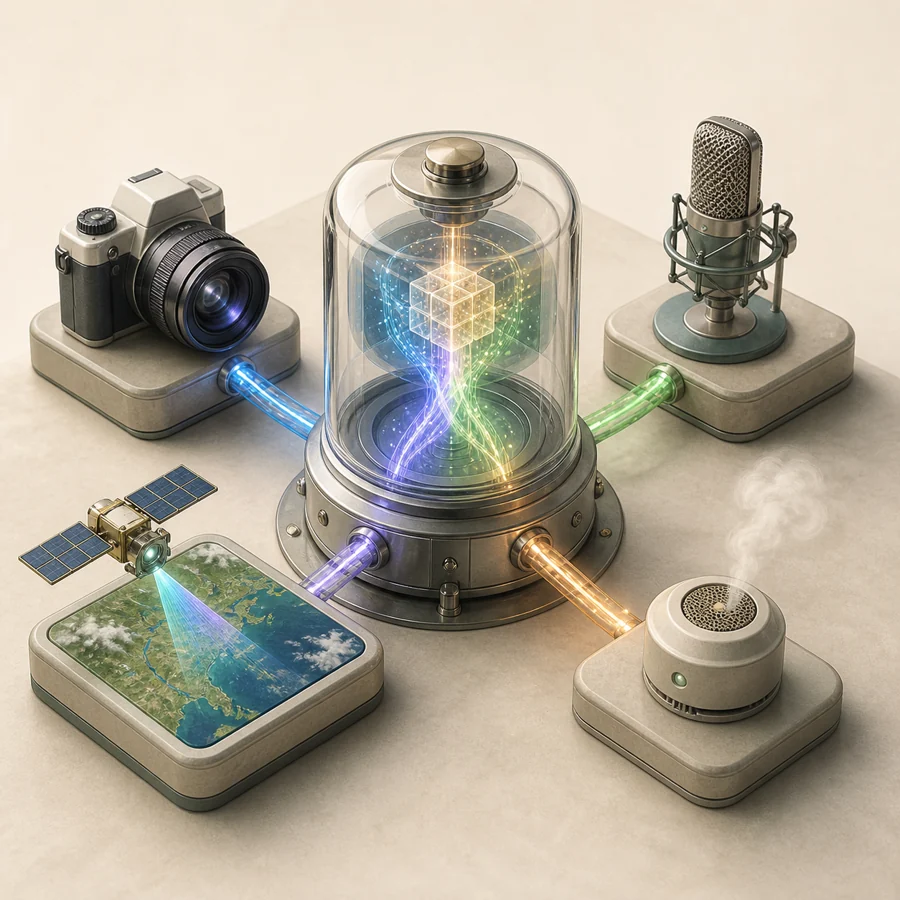 Camera, microphone, satellite imagery, and environmental sensor streams combining inside one intelligent sensing hub.