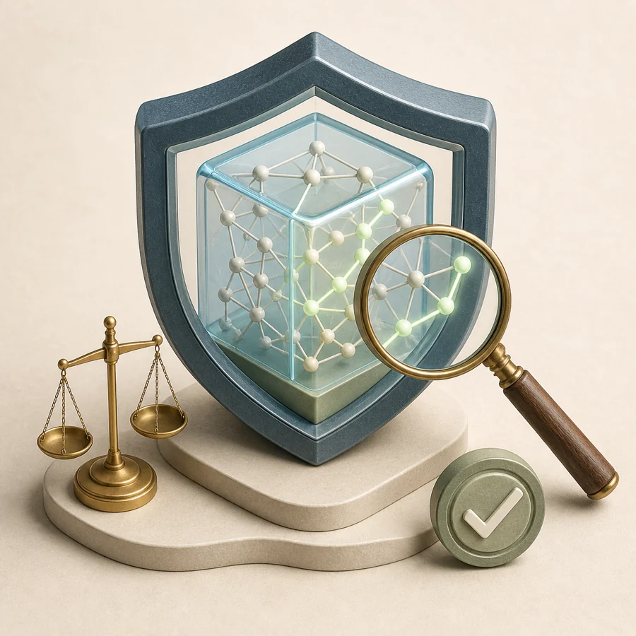 A transparent AI model protected by a shield and examined with a magnifying glass beside a balance scale.